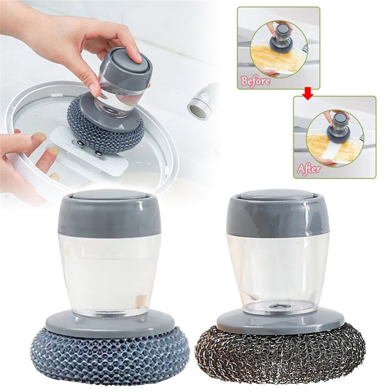 Cleaning tool with scrubber head and clear container on a white background