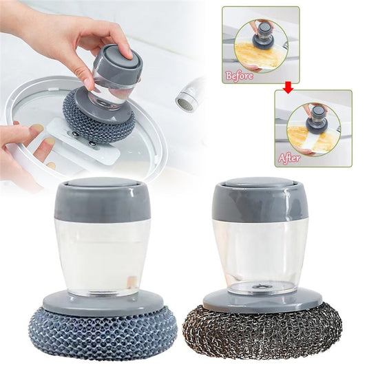 Cleaning tool with scrubber head and clear container on a white background