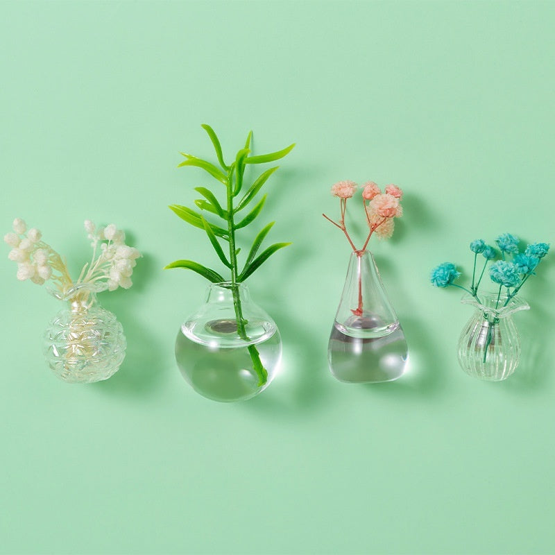 Four clear glass vases with plants on a light green background