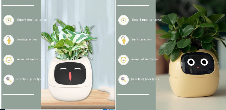 Smart plant pot with face design on a wooden surface, surrounded by greenery.