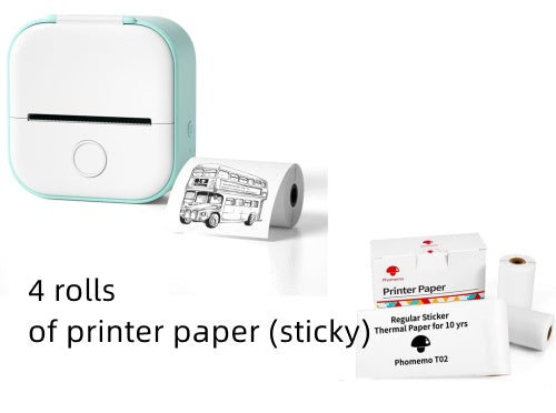 Small printer with four rolls of printer paper on a white background