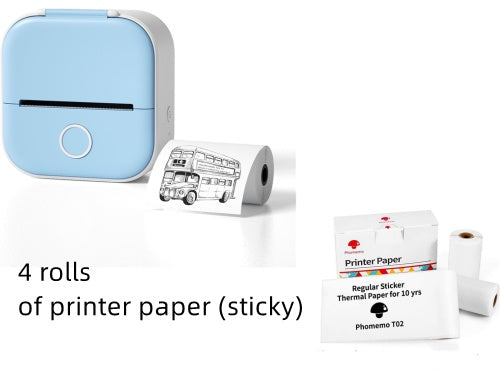 Small blue printer with four rolls of printer paper on a white background
