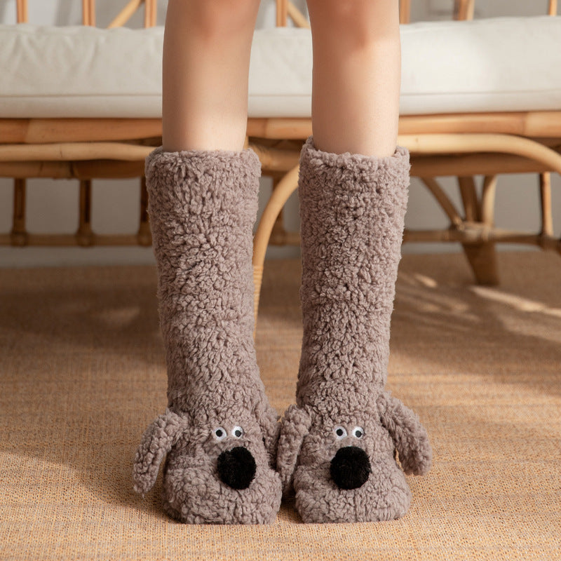 Cute Cartoon Dog Plush Floor Socks – Winter Warm, Non-Slip Cozy Socks for Women