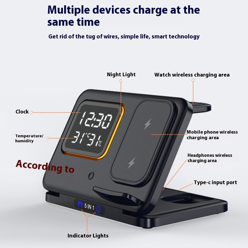 Multi-device charging station with digital display and various charging areas on a white background
