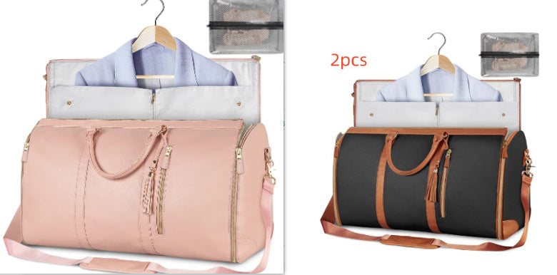 Pink and black duffel bags with clothes on hangers, labeled '2pcs'.