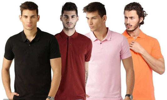 Cotton Blend Solid Half Sleeves Mens Plain Polo Neck T-Shirt (Pack of 4)