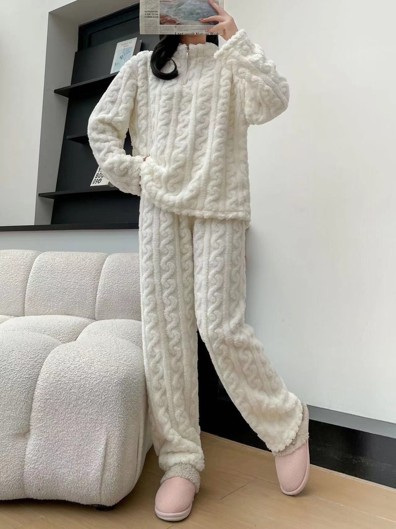 Autumn Winter Couple Pajamas – Thick Coral Fleece Zipper Loungewear & Sleepwear