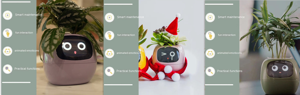 Collage of a small robot-like device with different facial expressions and accessories.