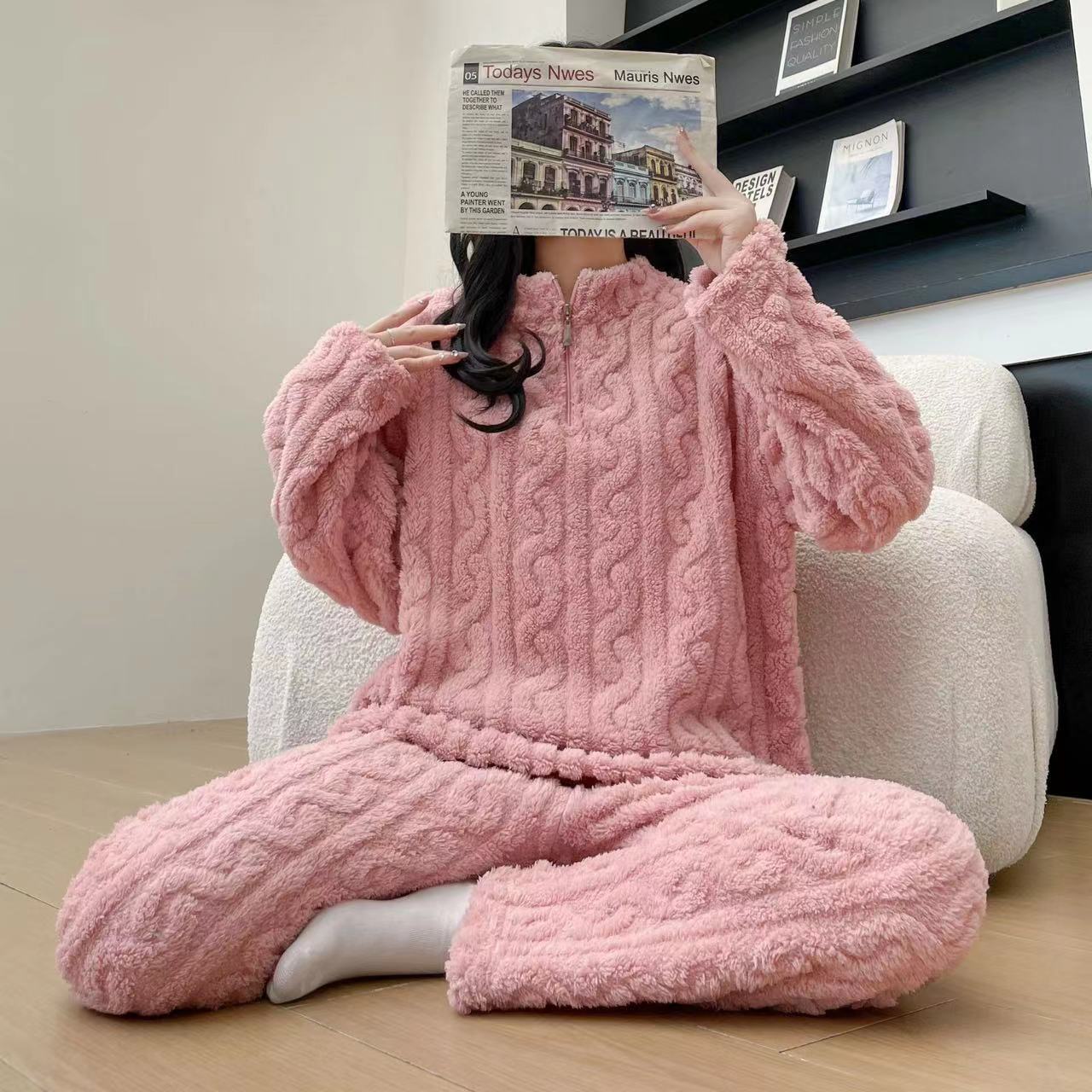 Autumn Winter Couple Pajamas – Thick Coral Fleece Zipper Loungewear & Sleepwear