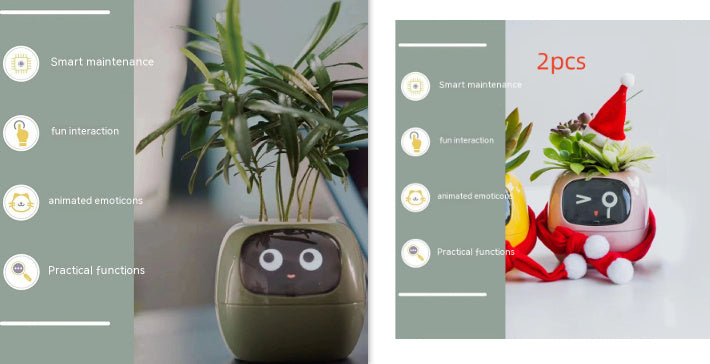 Smart plant pot with face design and text on a gray background