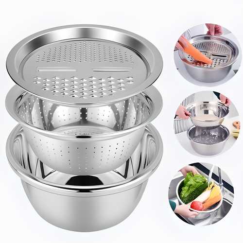 3 in 1 Multifunctional Grater Basin Stainless Steel Colanders Set - Kitchen Apliances