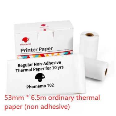 Phomemo printer paper packaging with thermal paper rolls on a white background