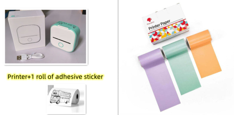 Collage of printer and adhesive sticker with colorful printer paper on a white background