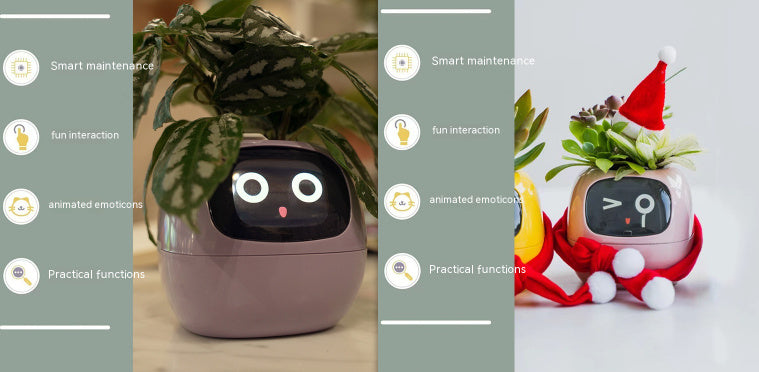Smart robot with plant and Santa hat on a light gray background