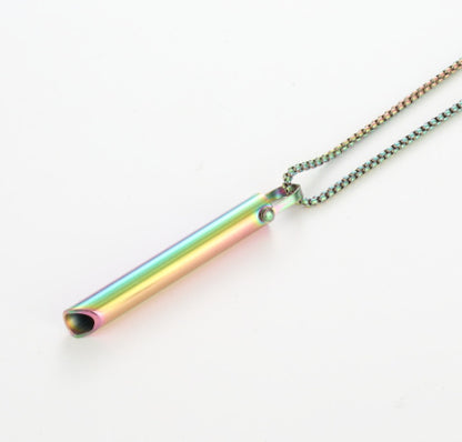 Neon-colored cylindrical pendant on a chain against a white background