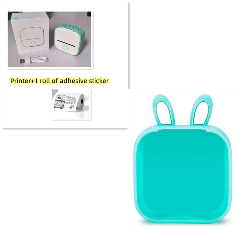 Teal printer with rabbit ears and adhesive sticker roll on a white background