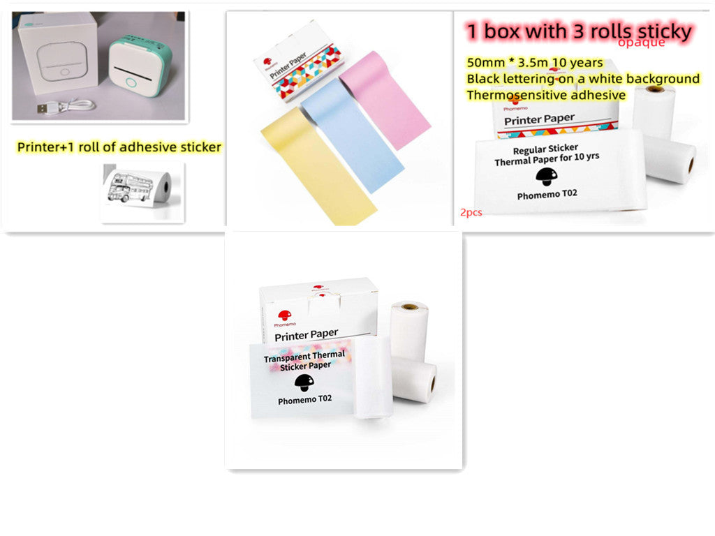 Collage of printer paper, adhesive stickers, and thermal paper with product details on a white background.