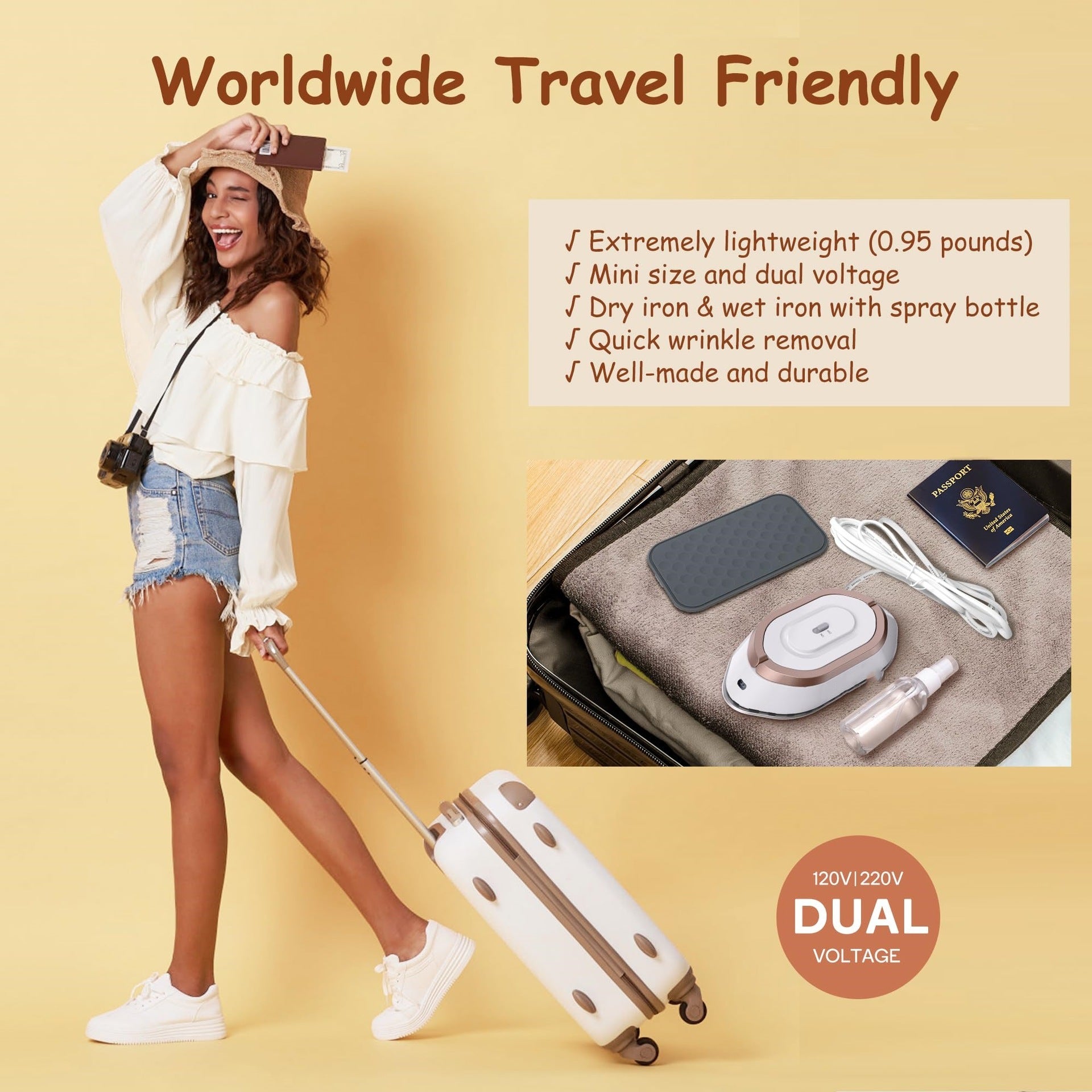 A promotional image of a white travel iron with dual voltage compatibility, displayed alongside a woman with a suitcase, emphasizing the product's portability and travel friendliness.