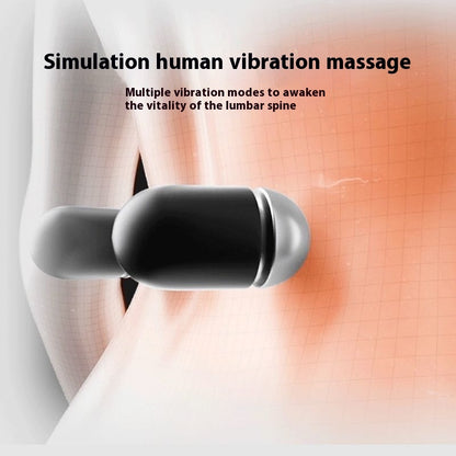 Massage device being used on a person's back with text about human vibration massage.