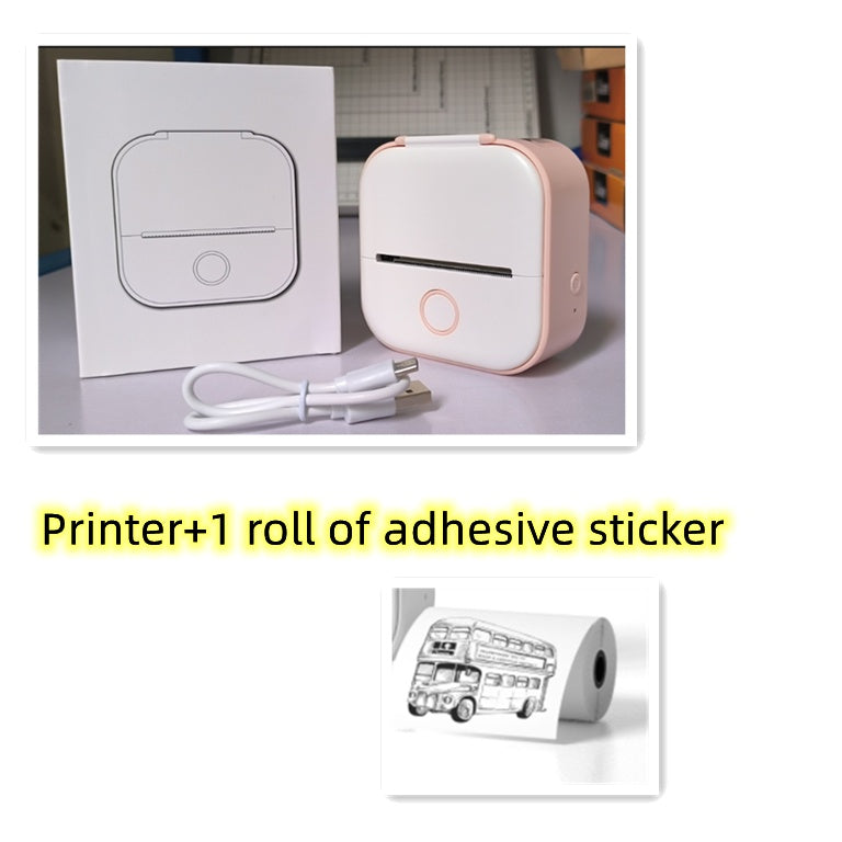 Small printer with adhesive sticker roll on a white background