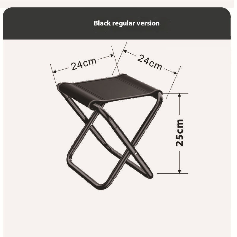 Black folding stool with dimensions labeled on a white background