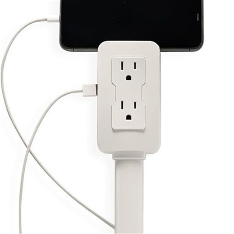 White power strip with multiple outlets and USB ports, connected to a smartphone.