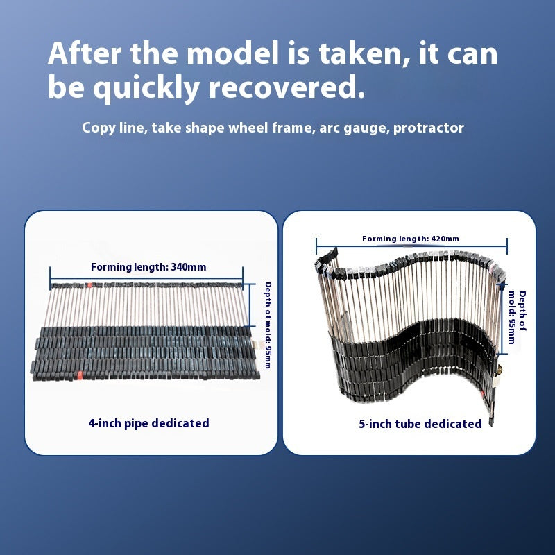 Two images showing a shape wheel frame and arc gauge with measurements on a blue background.