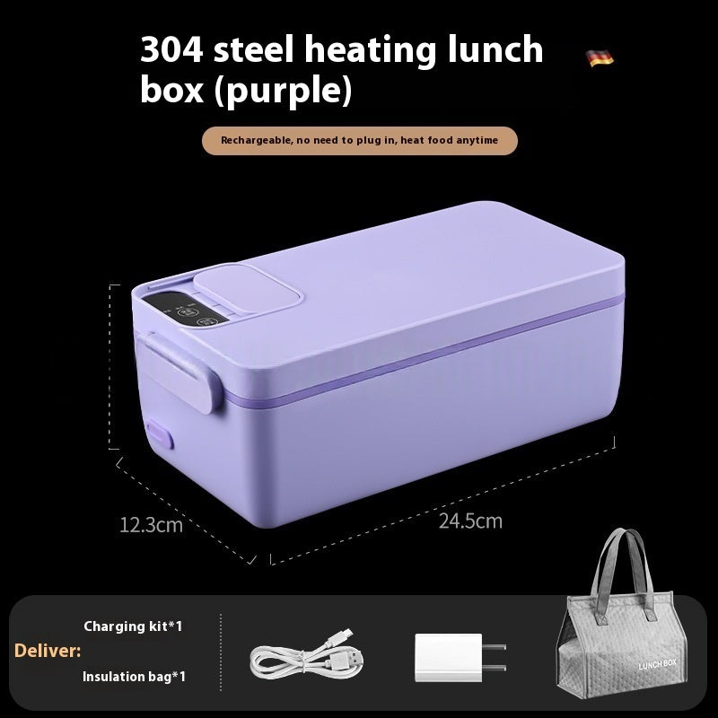 Purple heating lunch box with charging kit and insulation bag on a black background