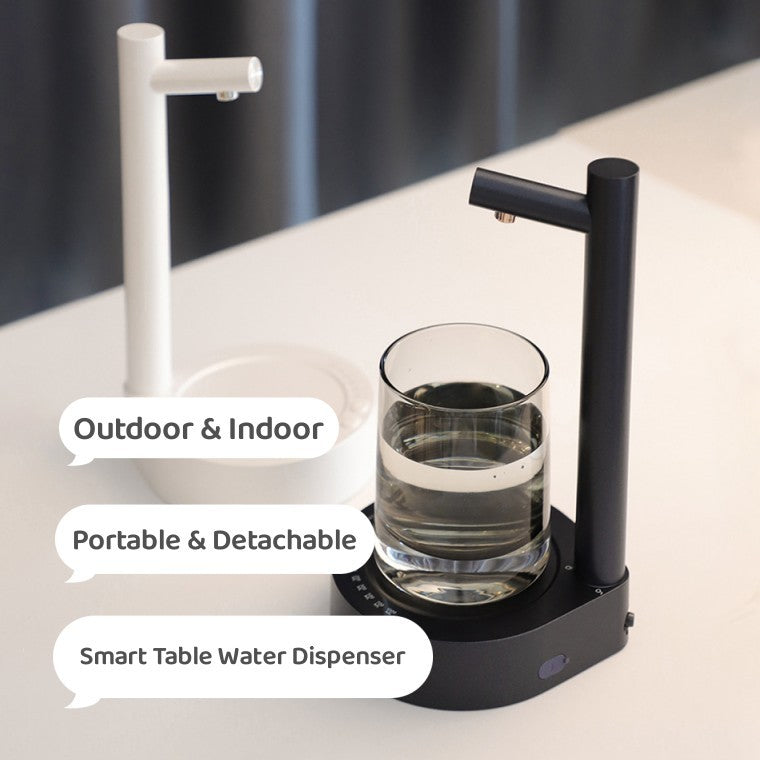Smart table water dispenser with a glass of water on a white surface