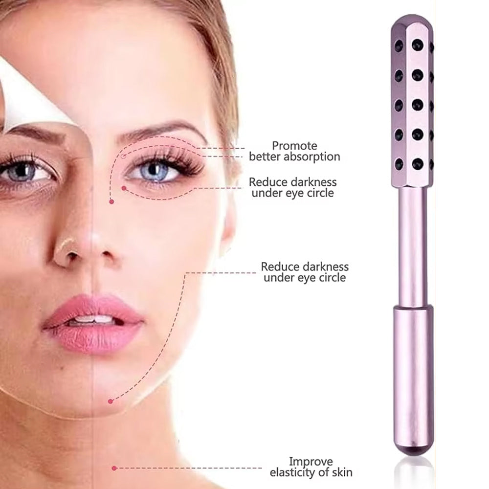Facial roller device with text on benefits next to a woman's face.