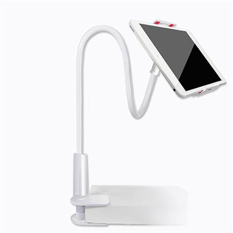 White tablet stand with flexible arm holding a tablet on a white background