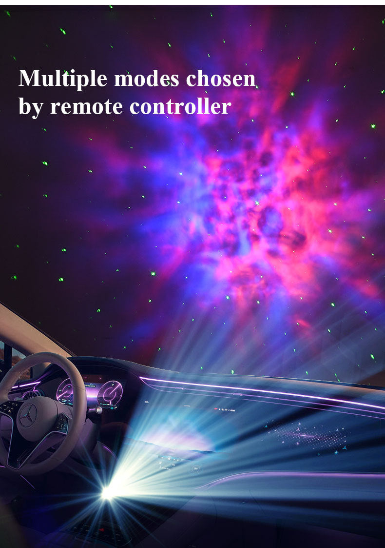 Car interior with starry sky effect projected onto the ceiling, text indicating remote controller control.