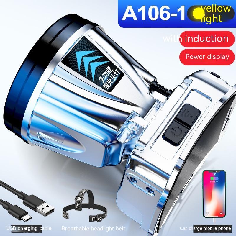 A head-mounted torch with a deep blue light cup, silver body, and a display indicating charging status. It can also charge mobile phones.