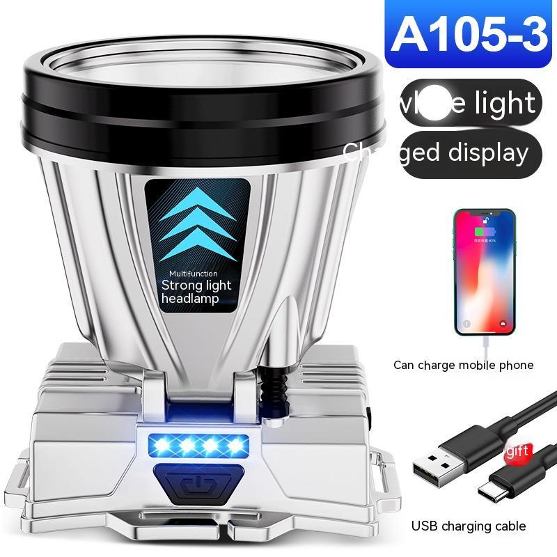 A head-mounted torch with a deep blue light cup, silver body, and a display indicating charging status. It can also charge mobile phones.