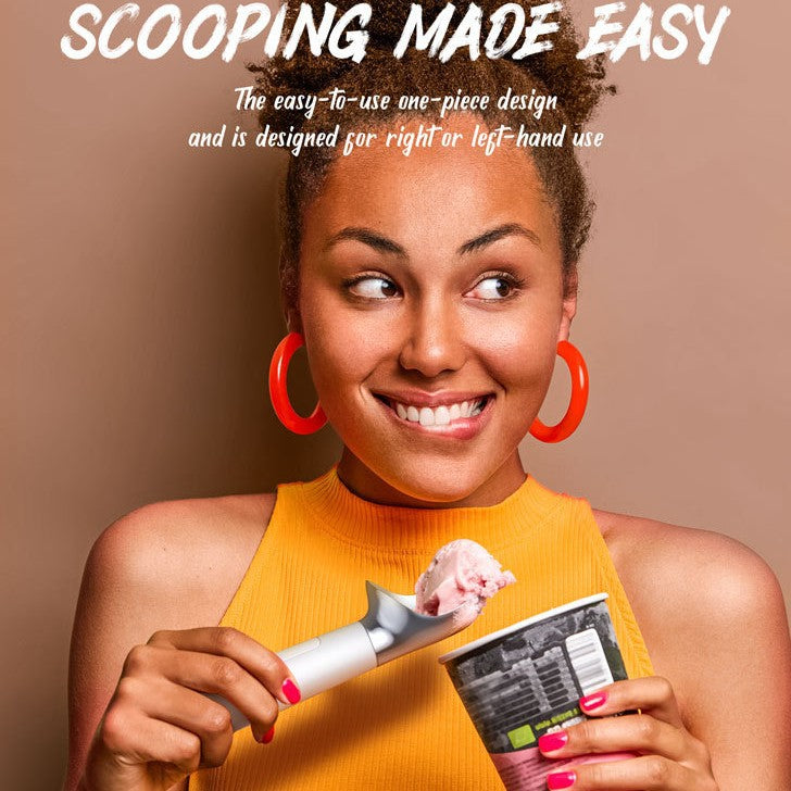 Woman holding an ice cream scoop and container with text about ease of use on a brown background