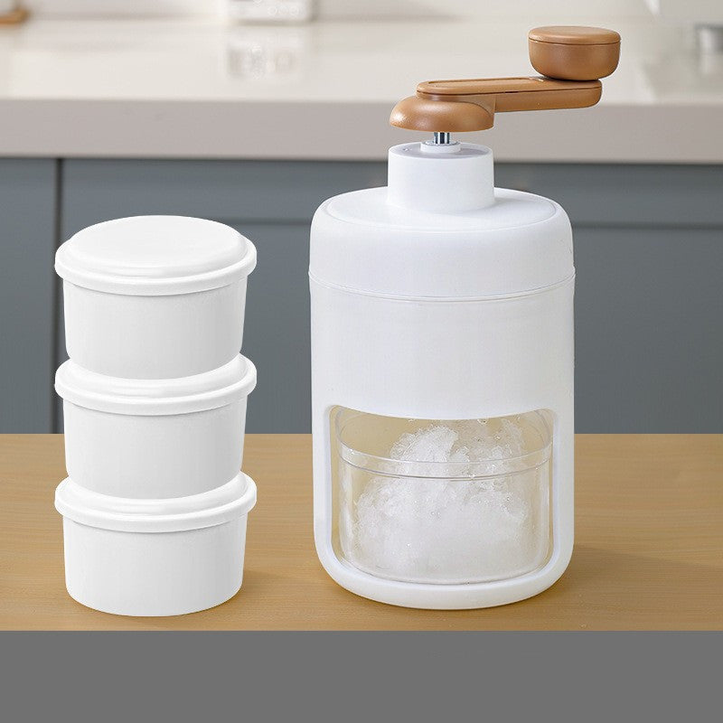 A person holding a bowl of cereal topped with fruits next to a white hand block shaving machine and a small white ice maker.