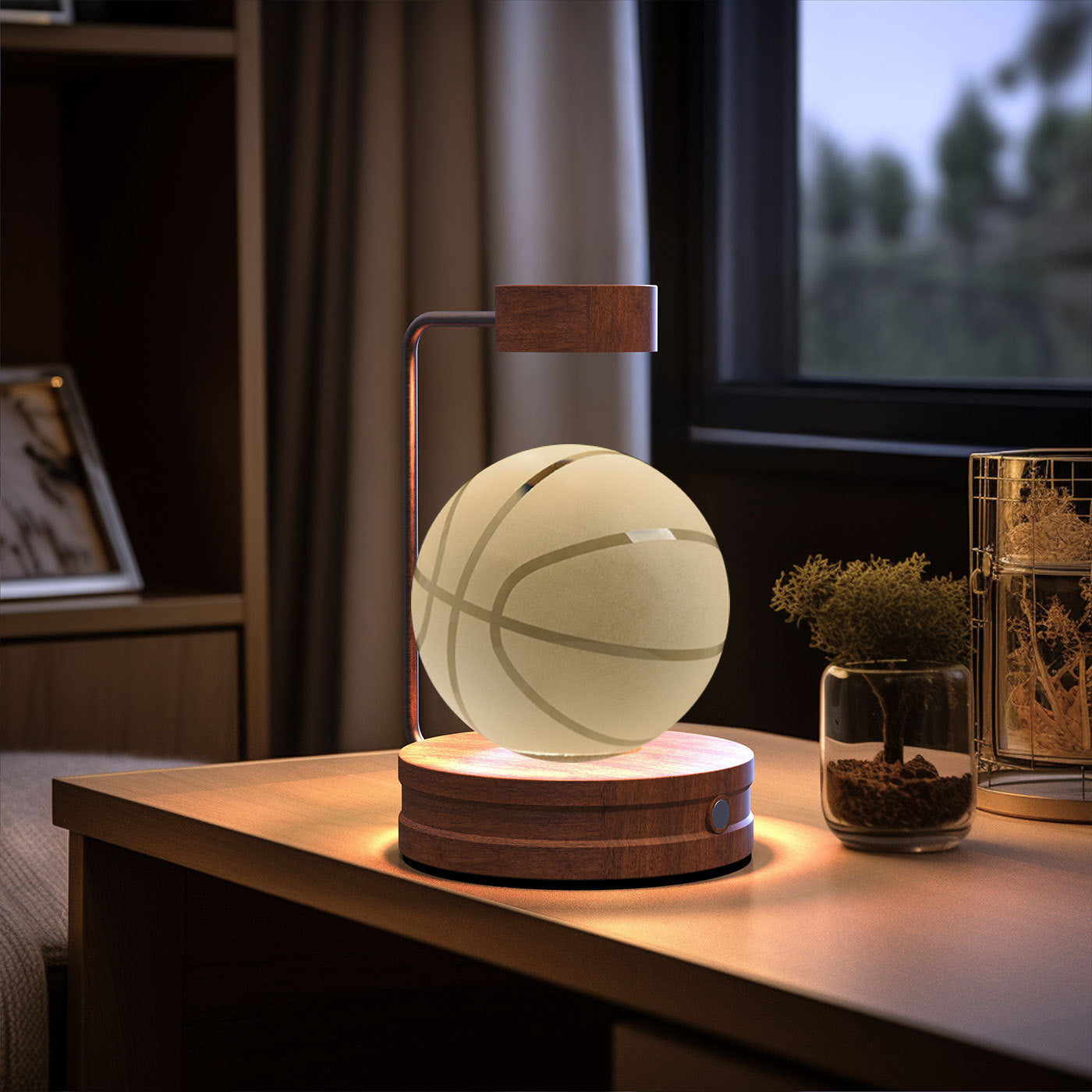 Basketball-shaped lamp on a wooden table with a blurred background