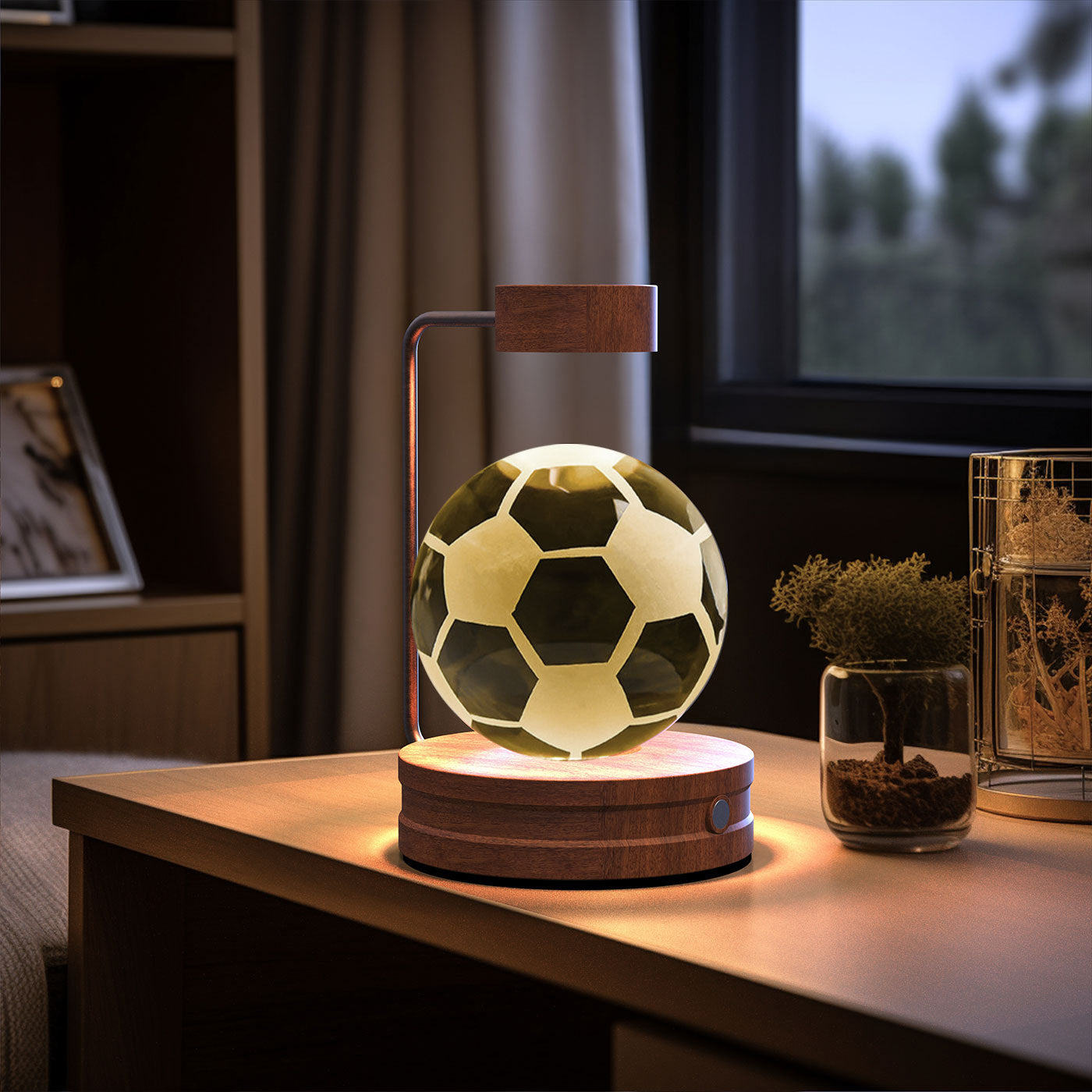 Spherical lamp with wooden base on a table in a room setting