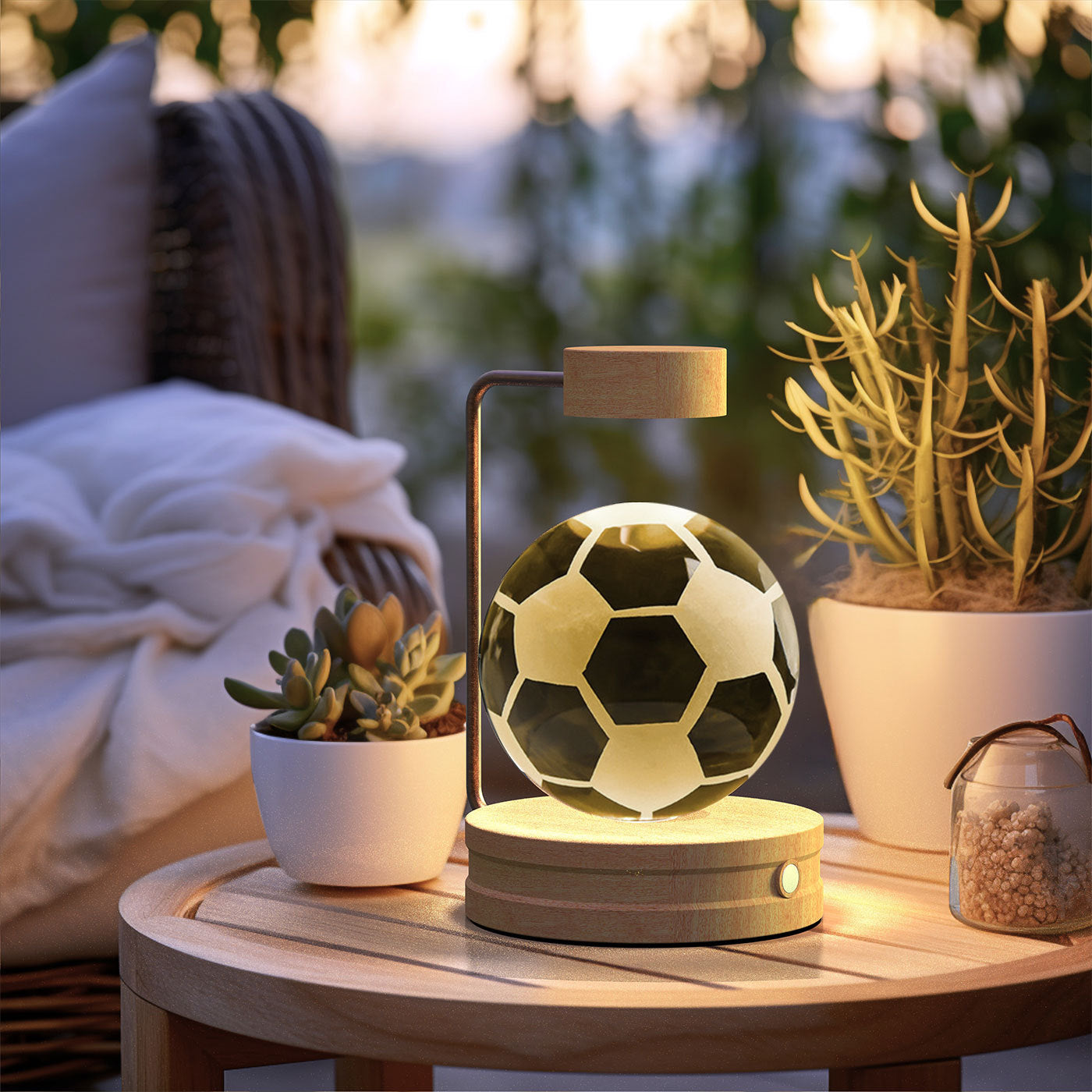 Soccer ball-shaped night light on a wooden table with plants and pillows in the background