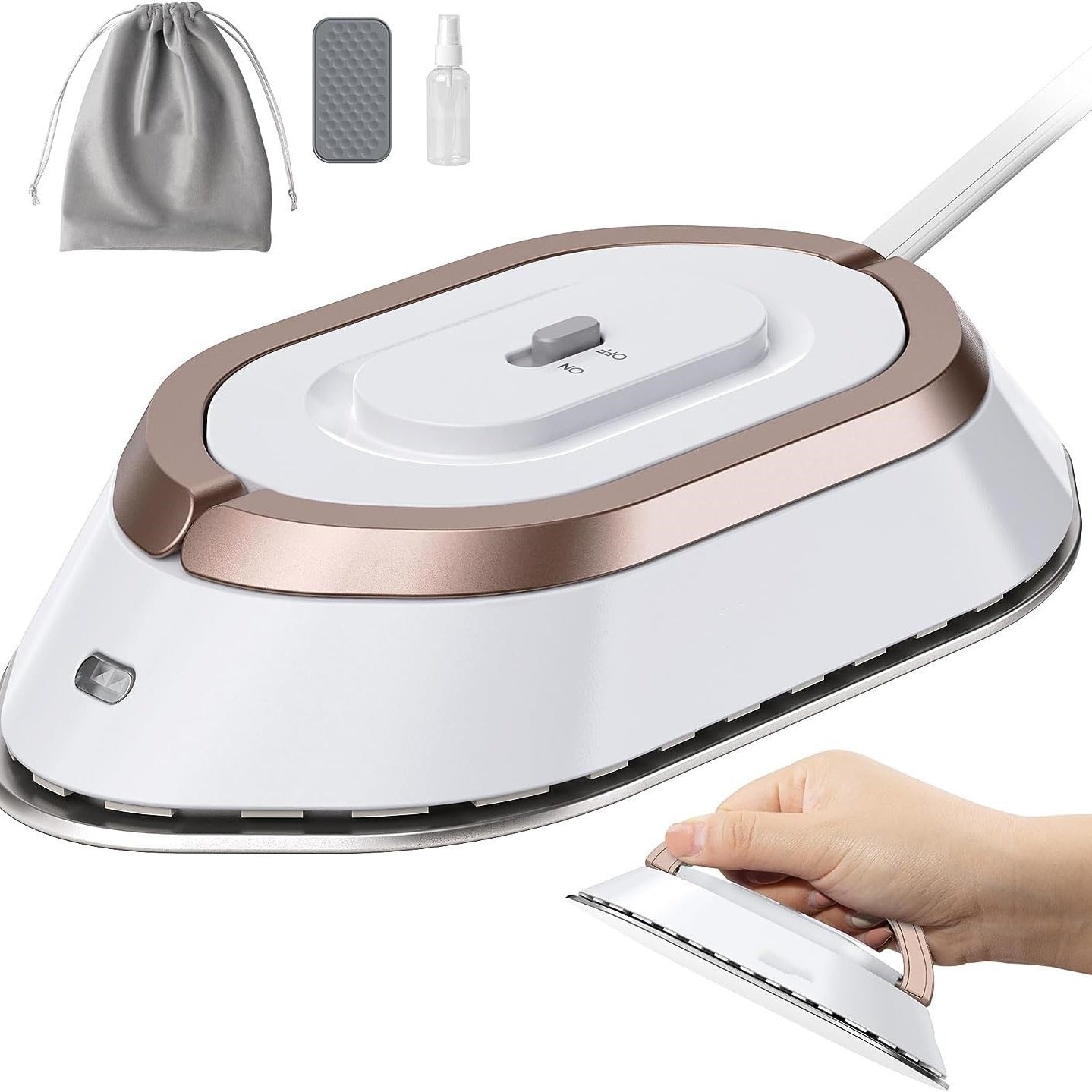 A promotional image of a white travel iron with dual voltage compatibility, displayed alongside a woman with a suitcase, emphasizing the product's portability and travel friendliness.