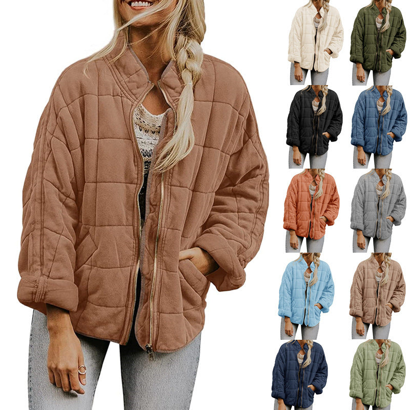 Brown quilted jacket worn by a model with color swatches of the jacket in various colors.