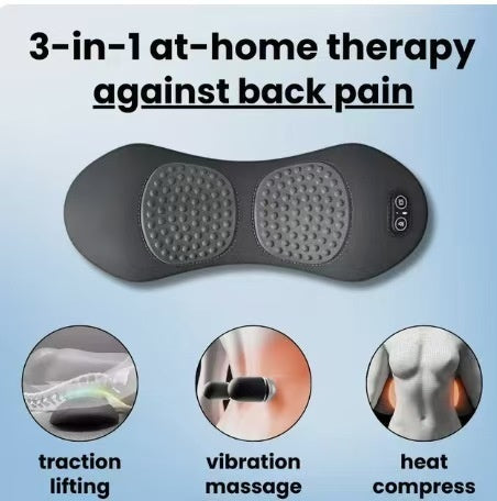 Back pain therapy device with features for traction, vibration massage, and heat compress on a light blue background.