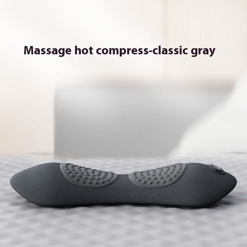 Gray massage hot compress on a bed with a blurred background