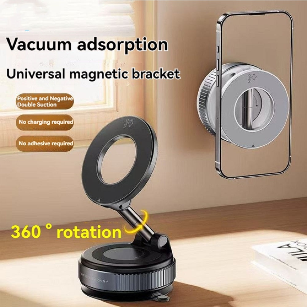 A promotional image showing a black universal magnetic bracket with vacuum adsorption and 360-degree rotation feature, displayed on a stand next to a smartphone.