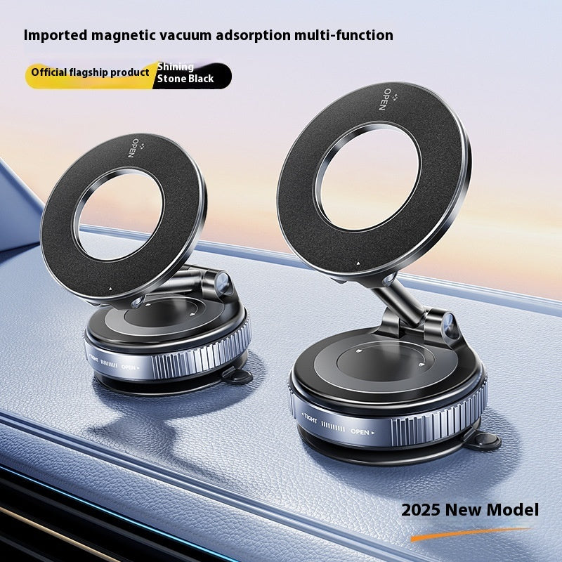 A promotional image showing a black universal magnetic bracket with vacuum adsorption and 360-degree rotation feature, displayed on a stand next to a smartphone.