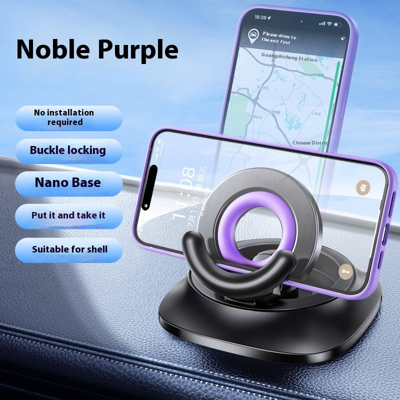A promotional image showing a black universal magnetic bracket with vacuum adsorption and 360-degree rotation feature, displayed on a stand next to a smartphone.