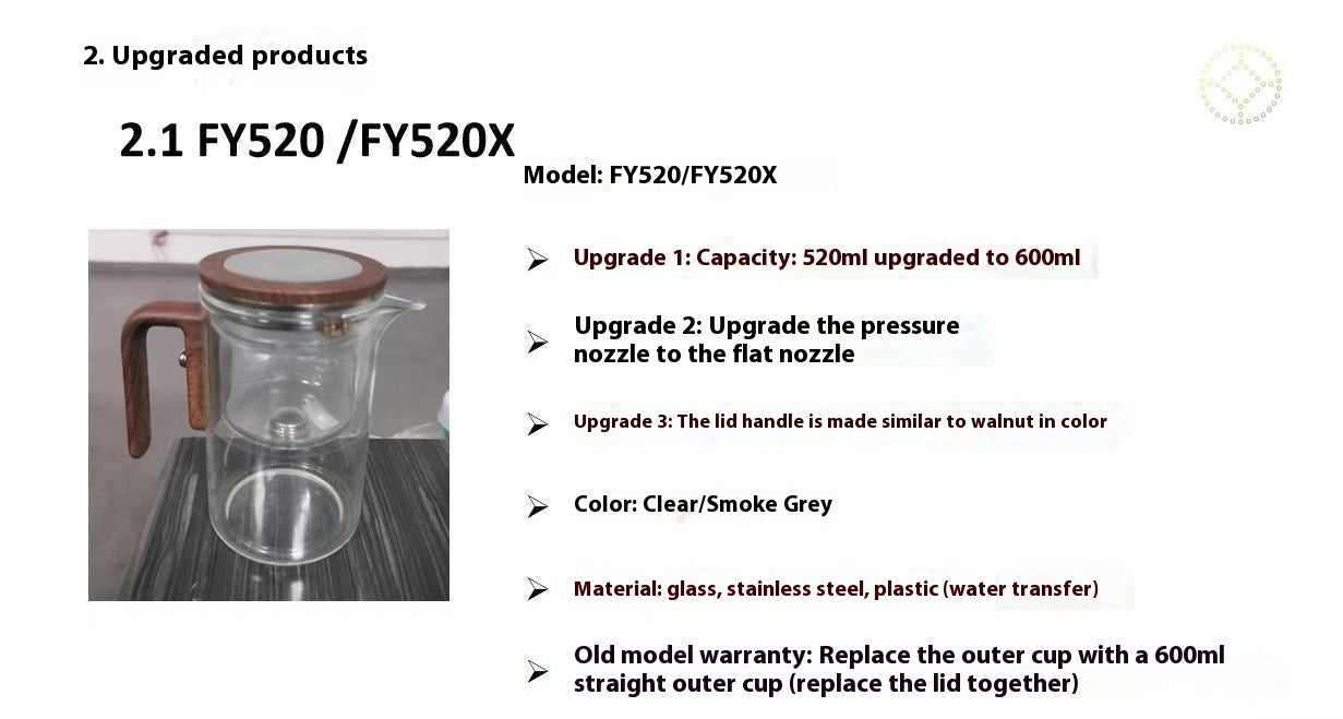 Glass coffee maker with wooden lid on a black surface, accompanied by text detailing product upgrades and specifications.