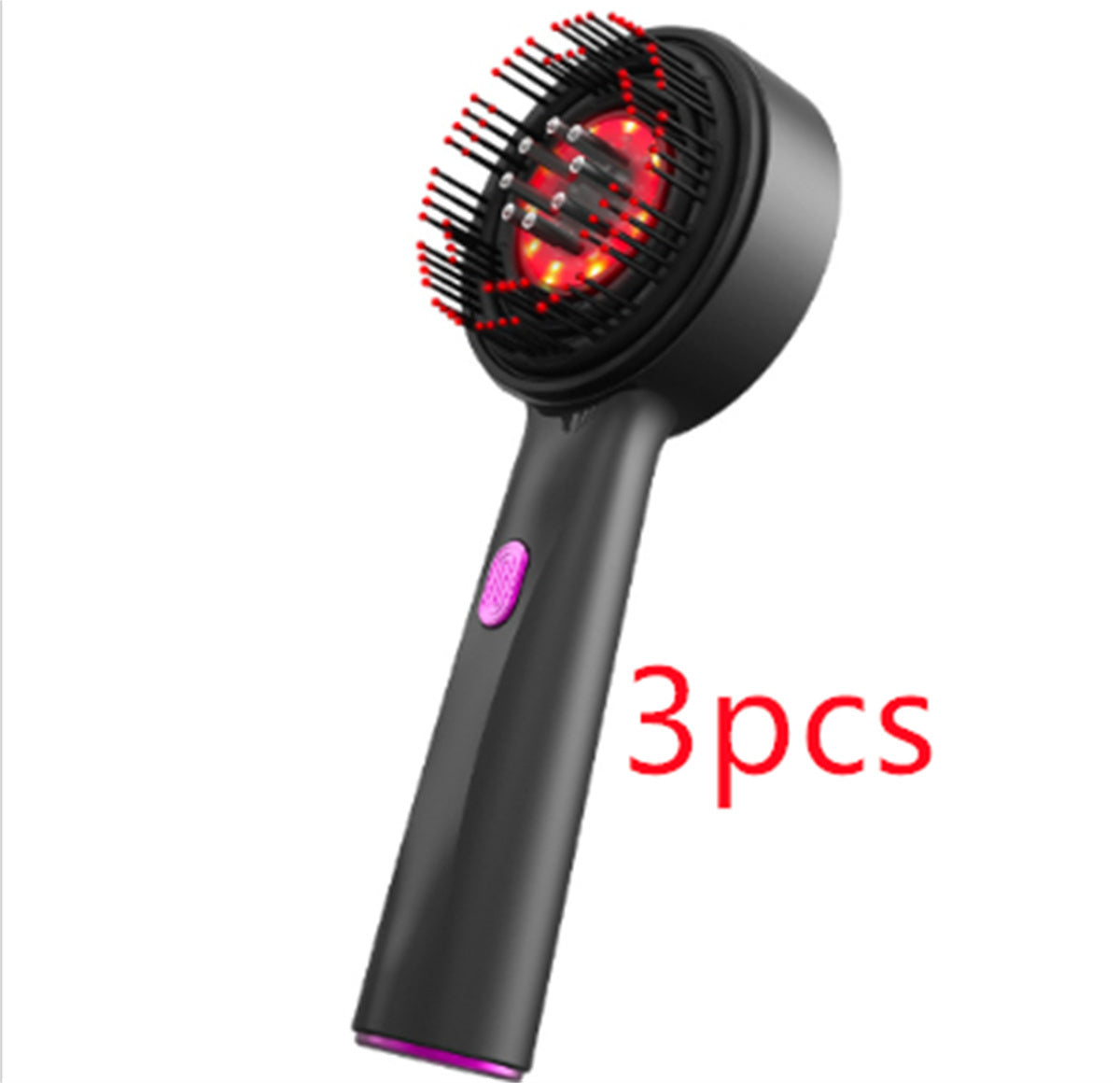 A person is holding a red electric massage comb with a black head, demonstrating its design and size.