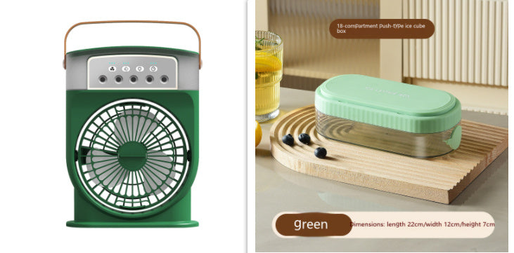 A green portable USB air conditioner cooling fan with a handle, featuring 7 color lighting and a water tank depicted in the image.