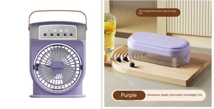 A lavender portable USB air conditioner cooling fan with a handle, featuring 7 color lighting and a water tank depicted in the image.
